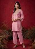 Pink Embroidered Cotton Blend Regular Kurta Set