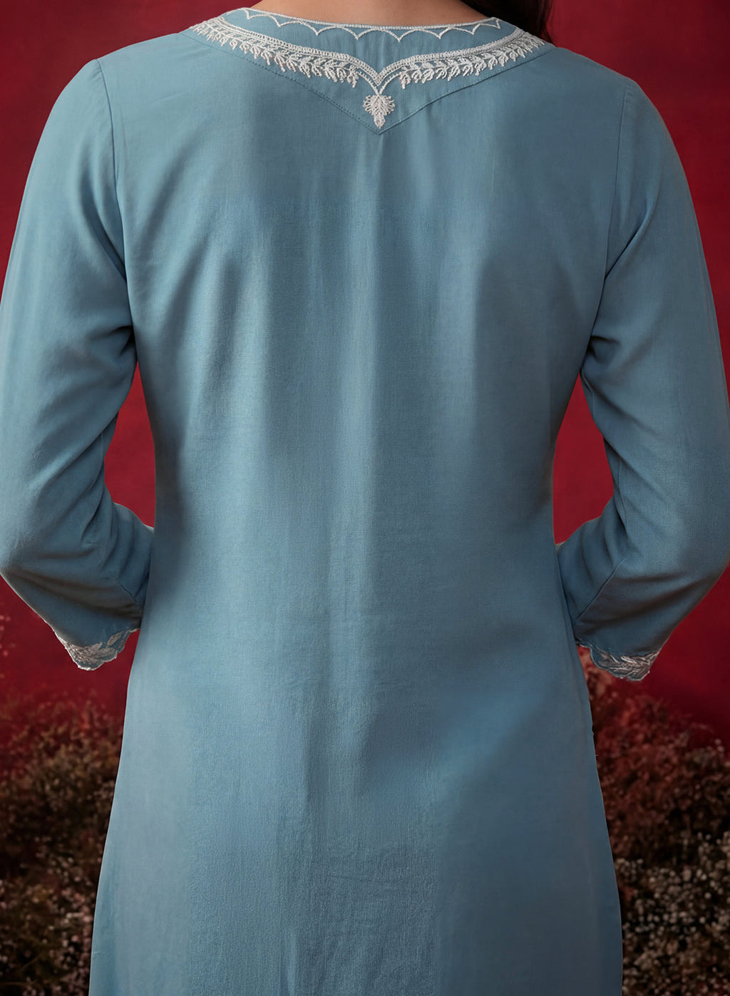 Teal Embroidered Cotton Blend Regular Kurta Set