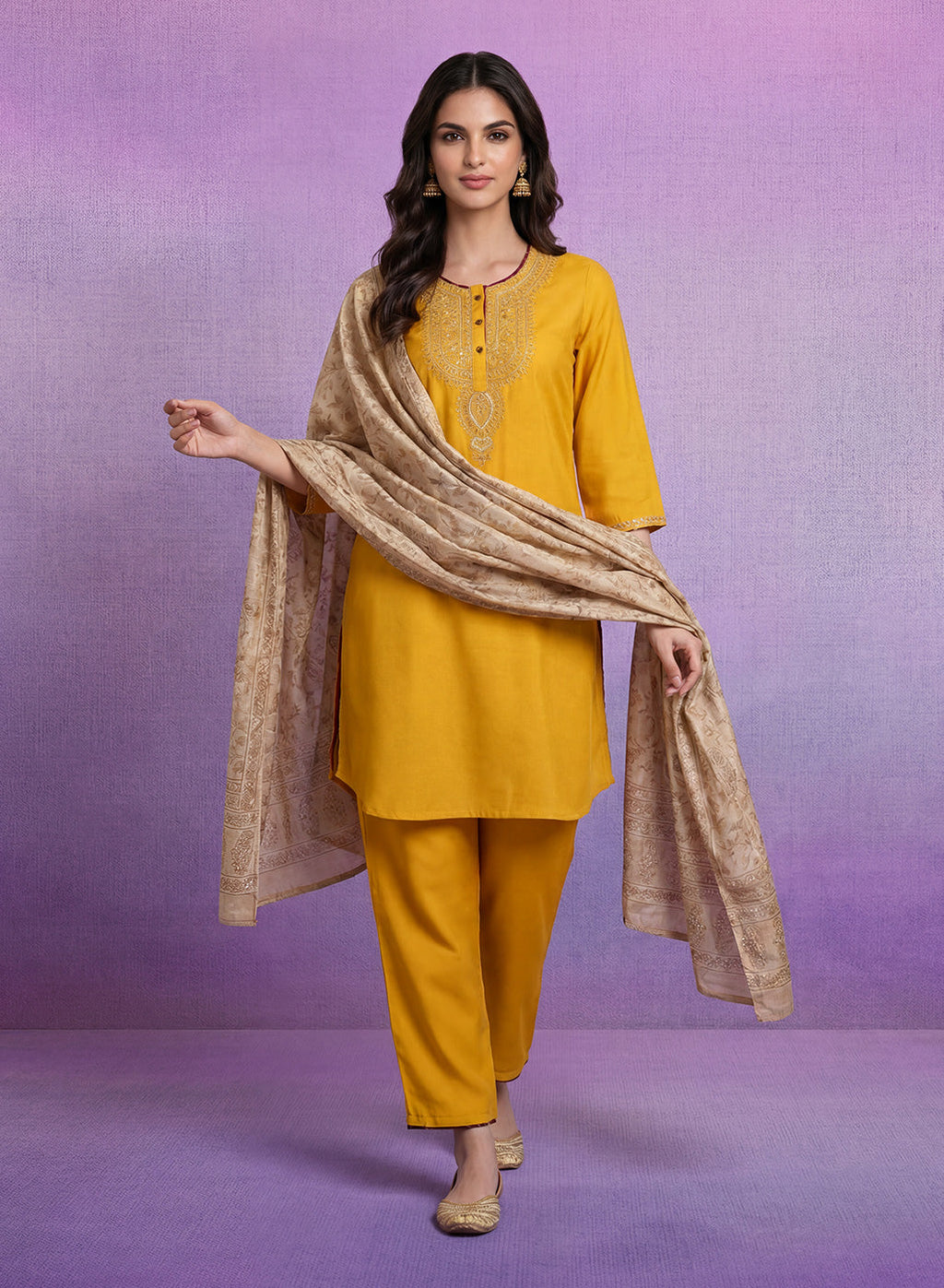 Yellow Embroidered Suit Set with Dupatta
