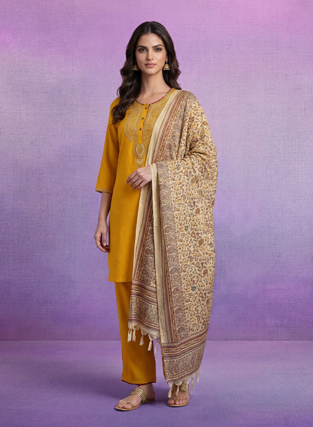 Yellow Embroidered Suit Set with Dupatta