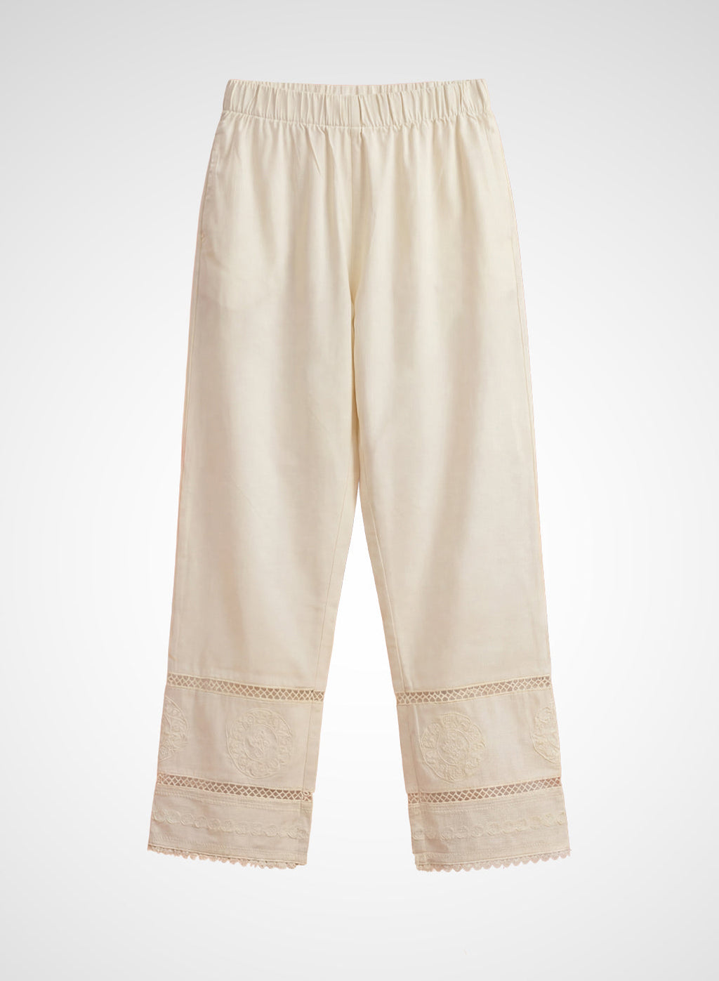 Ivory Lycra Straight Embroidered Palazzo