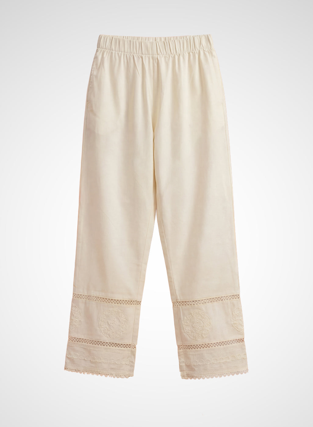 Ivory Lycra Straight Embroidered Palazzo