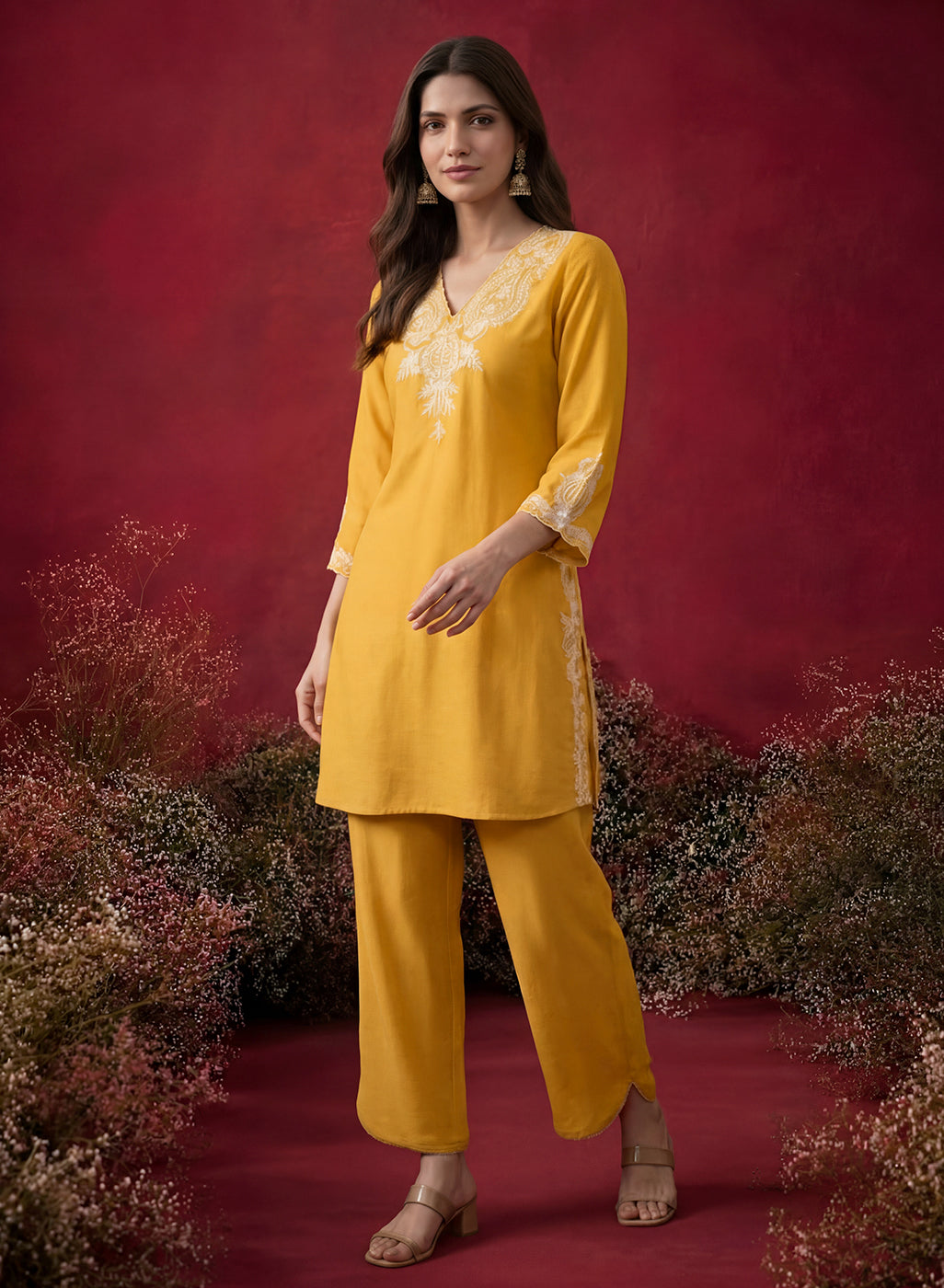 Mustard Embroidered Cotton Blend Regular Kurta Set