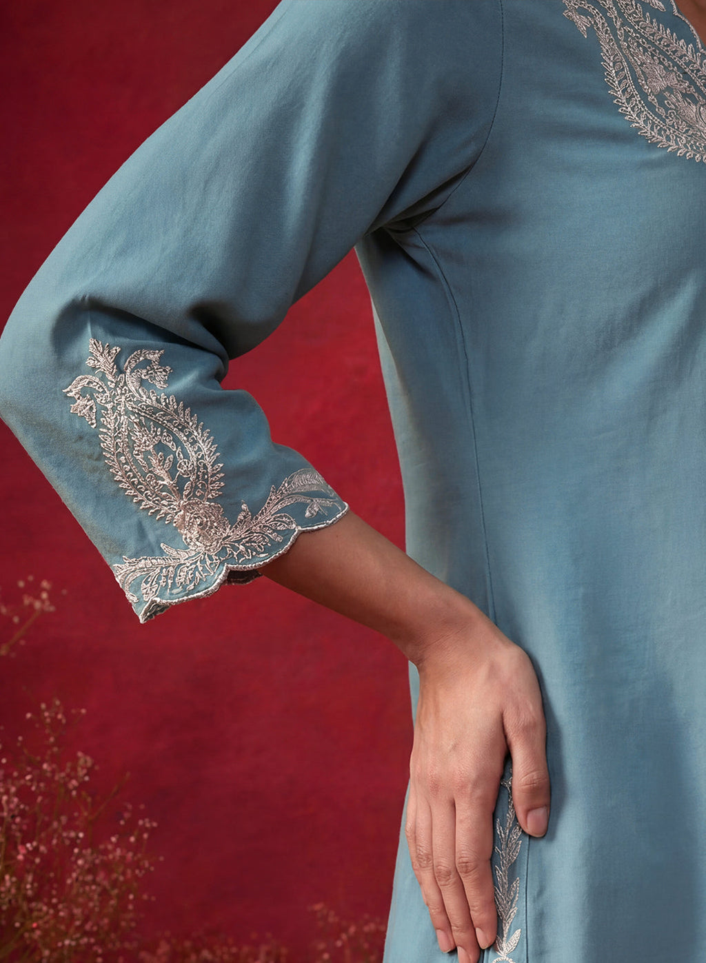 Teal Embroidered Cotton Blend Regular Kurta Set