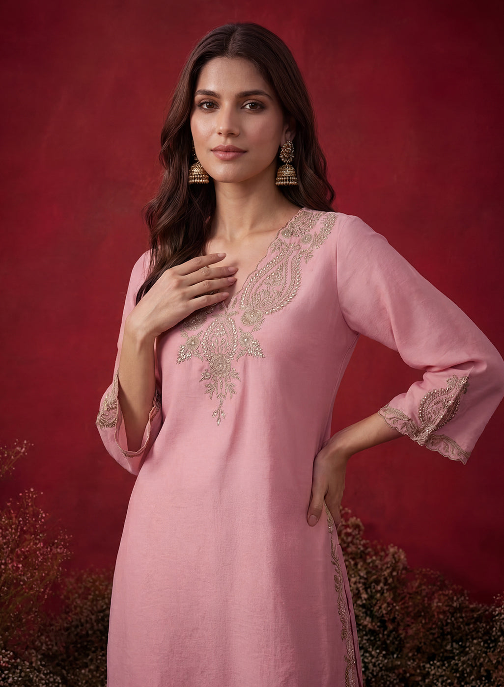Pink Embroidered Cotton Blend Regular Kurta Set