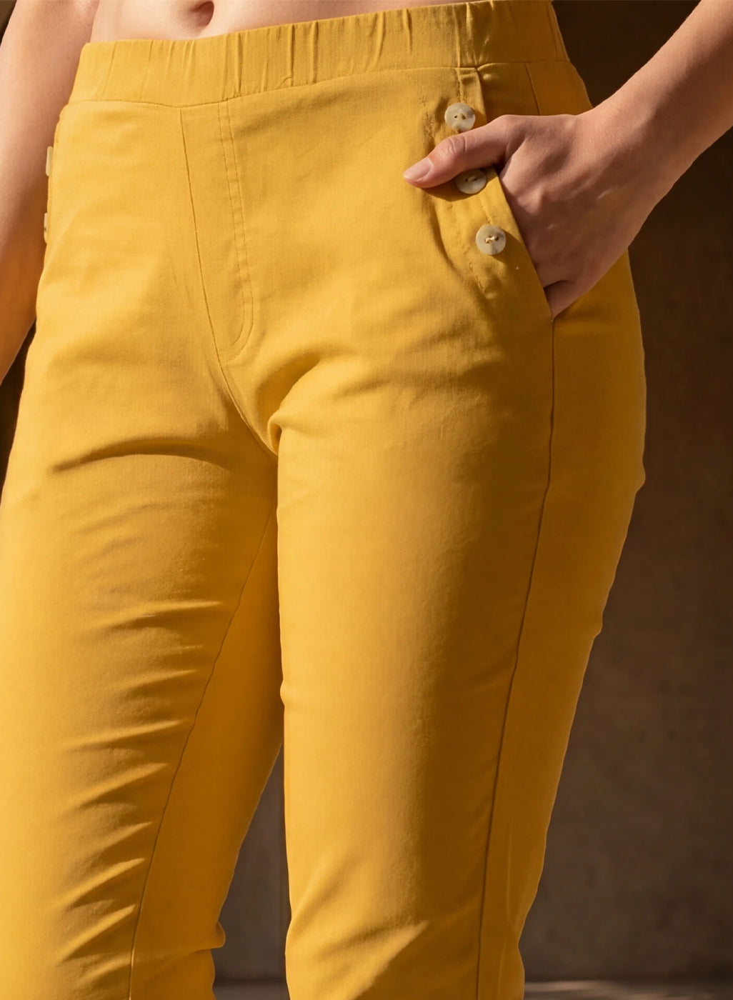 Mustard Cotton Blend Tapered Fit Capri