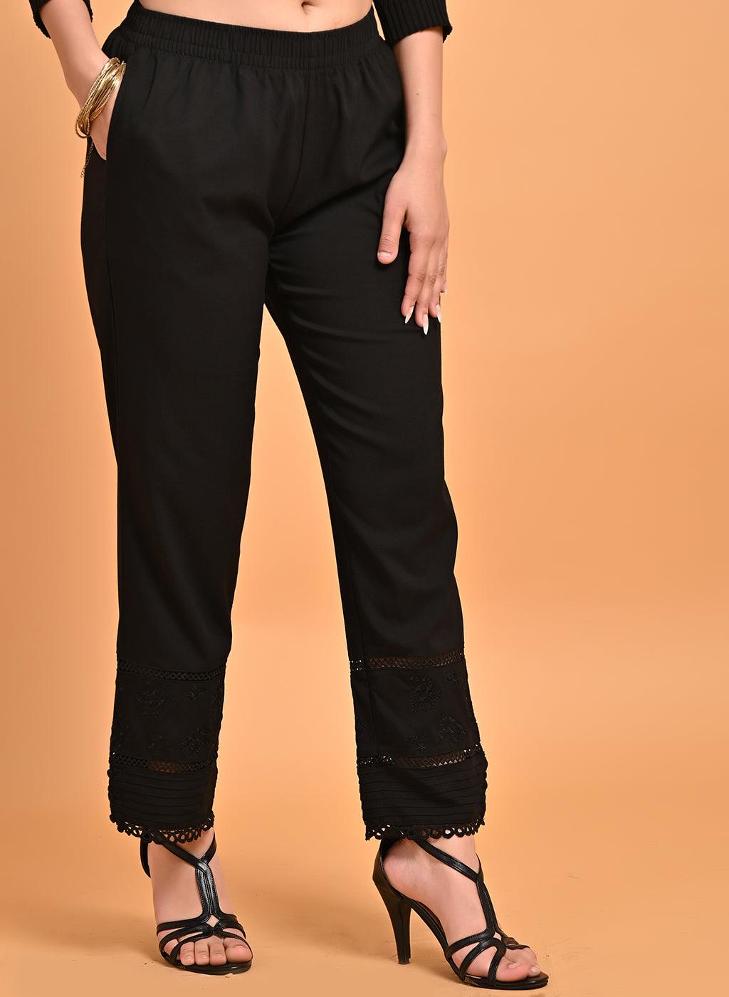 Ira Black Embroidered Relaxed Fit Palazzo Pants for Women