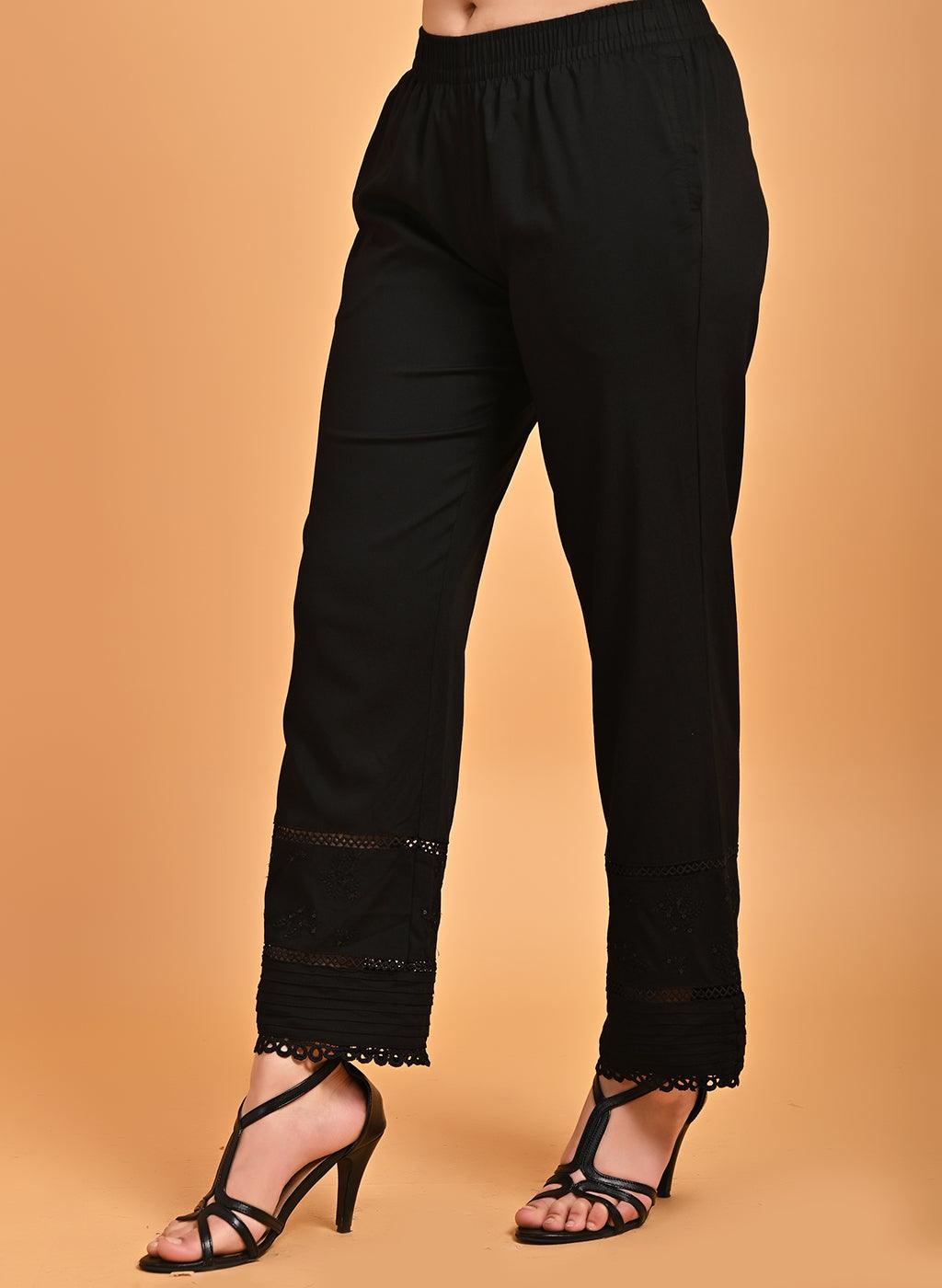 Ira Black Embroidered Relaxed Fit Palazzo Pants for Women