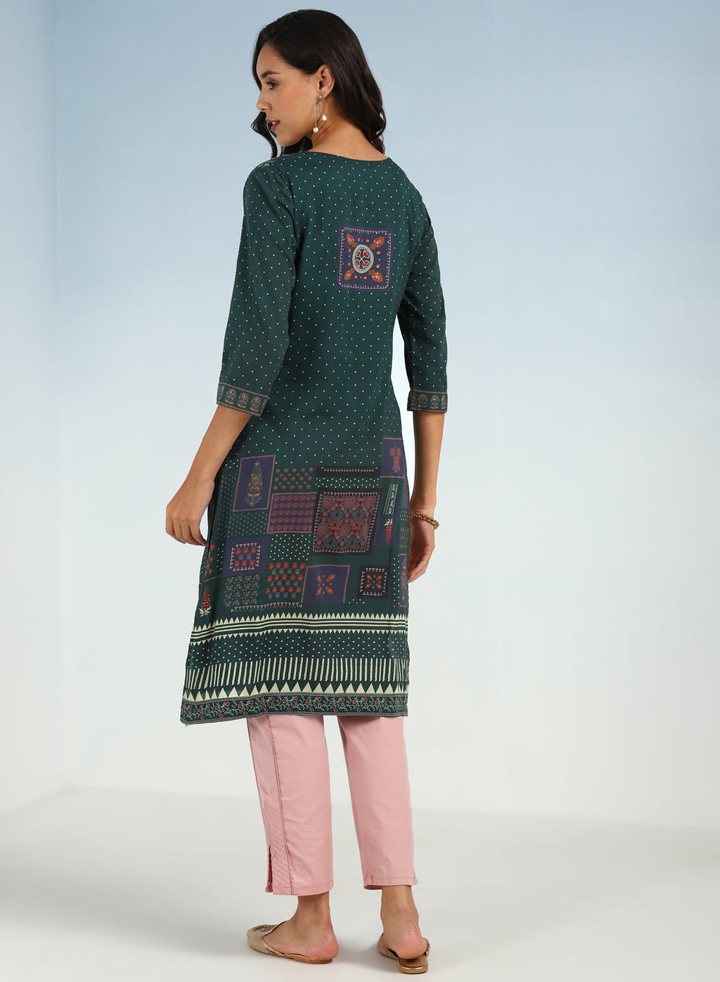 Green Printed Embroidered Kurta with Embellished Front Yoke