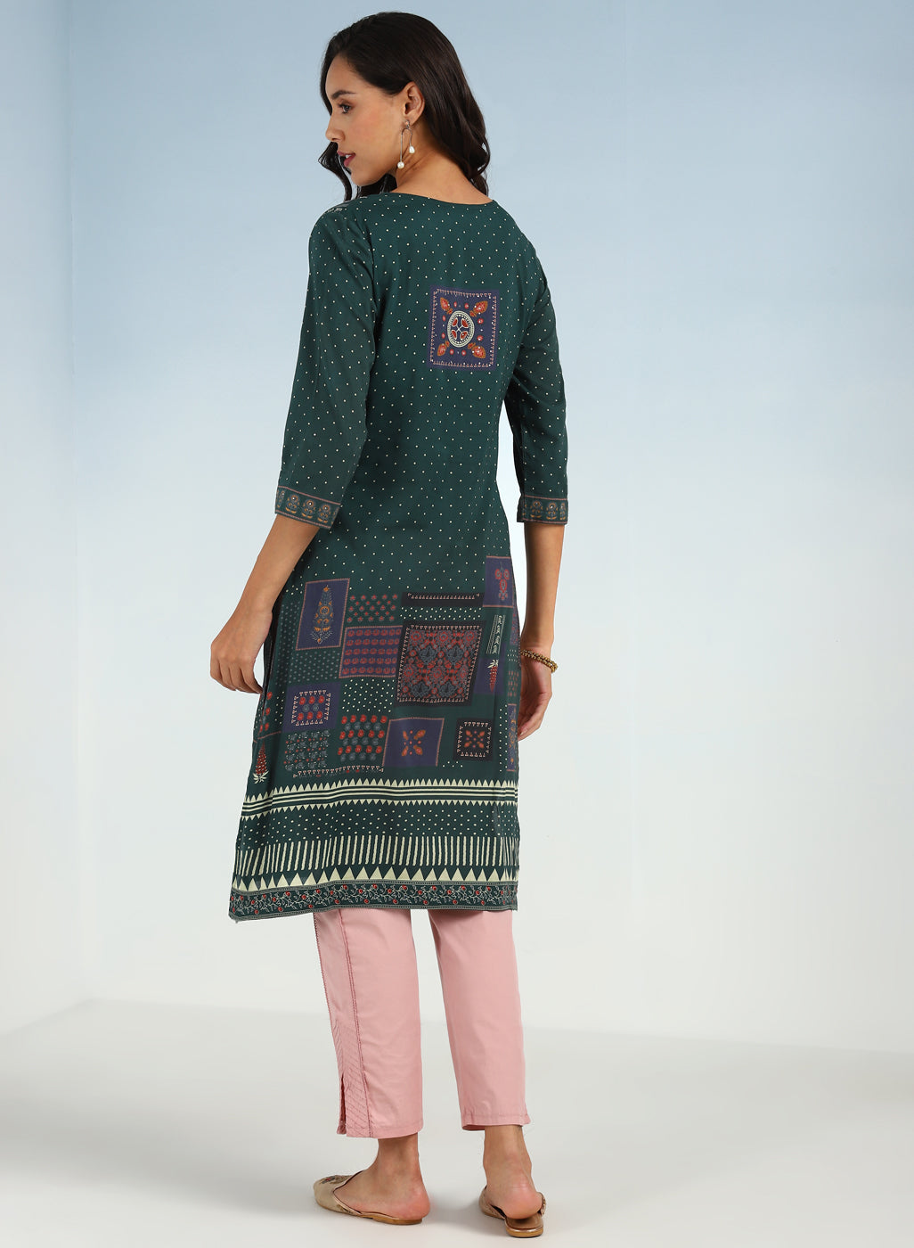 Green Printed Embroidered Kurta with Embellished Front Yoke