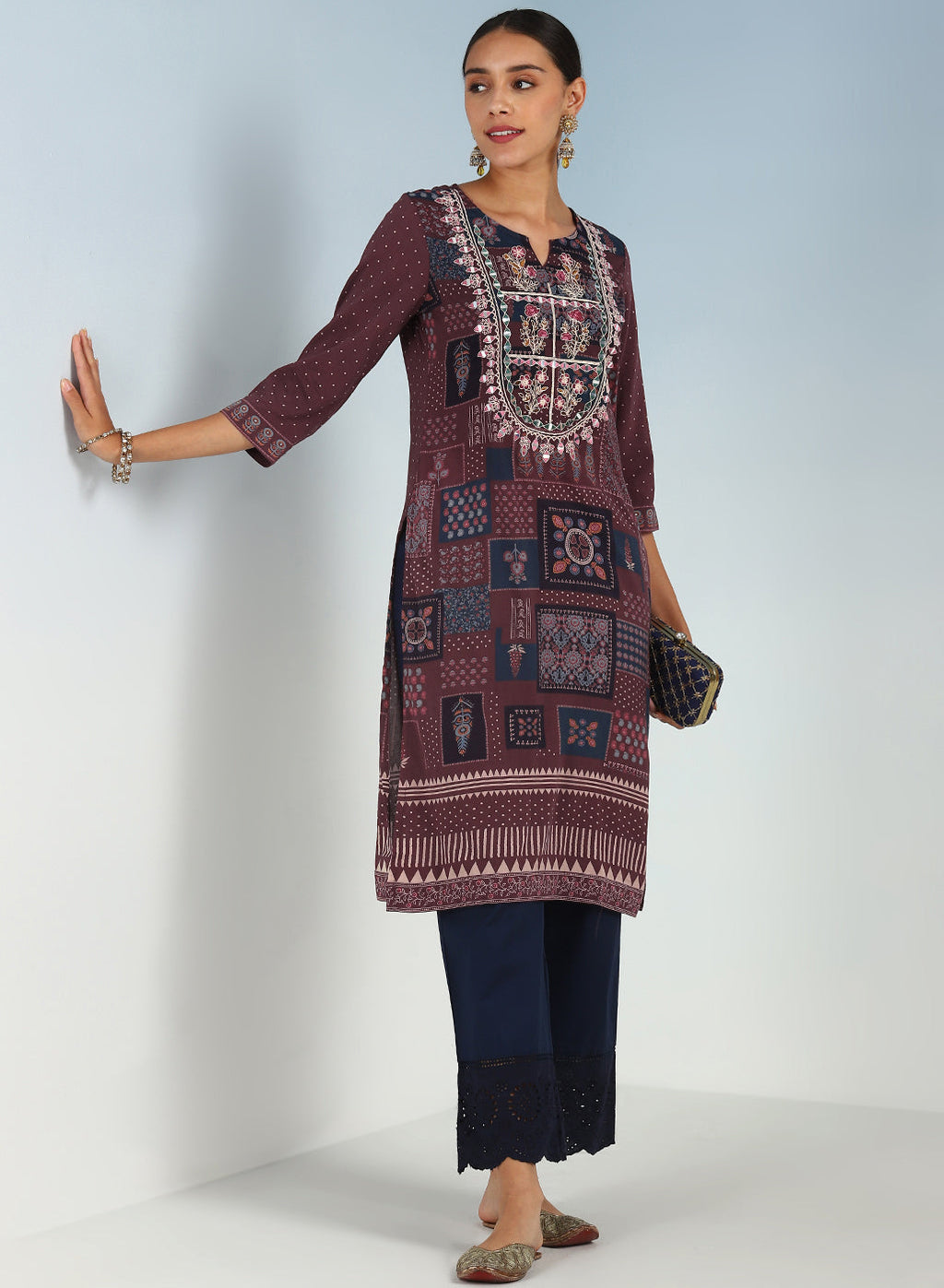 Maroon Printed Embroidered Kurta with Embellished Front Yoke