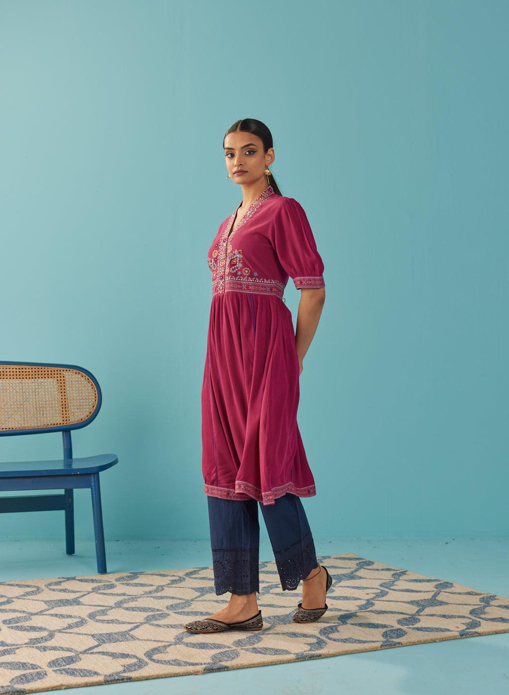Fuchsia A Line Dress with Puffed Sleeve and Stylized Neck
