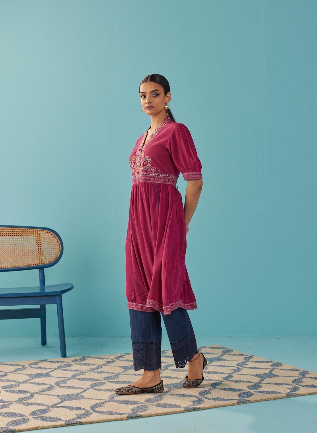Fuchsia A Line Dress with Puffed Sleeve and Stylized Neck