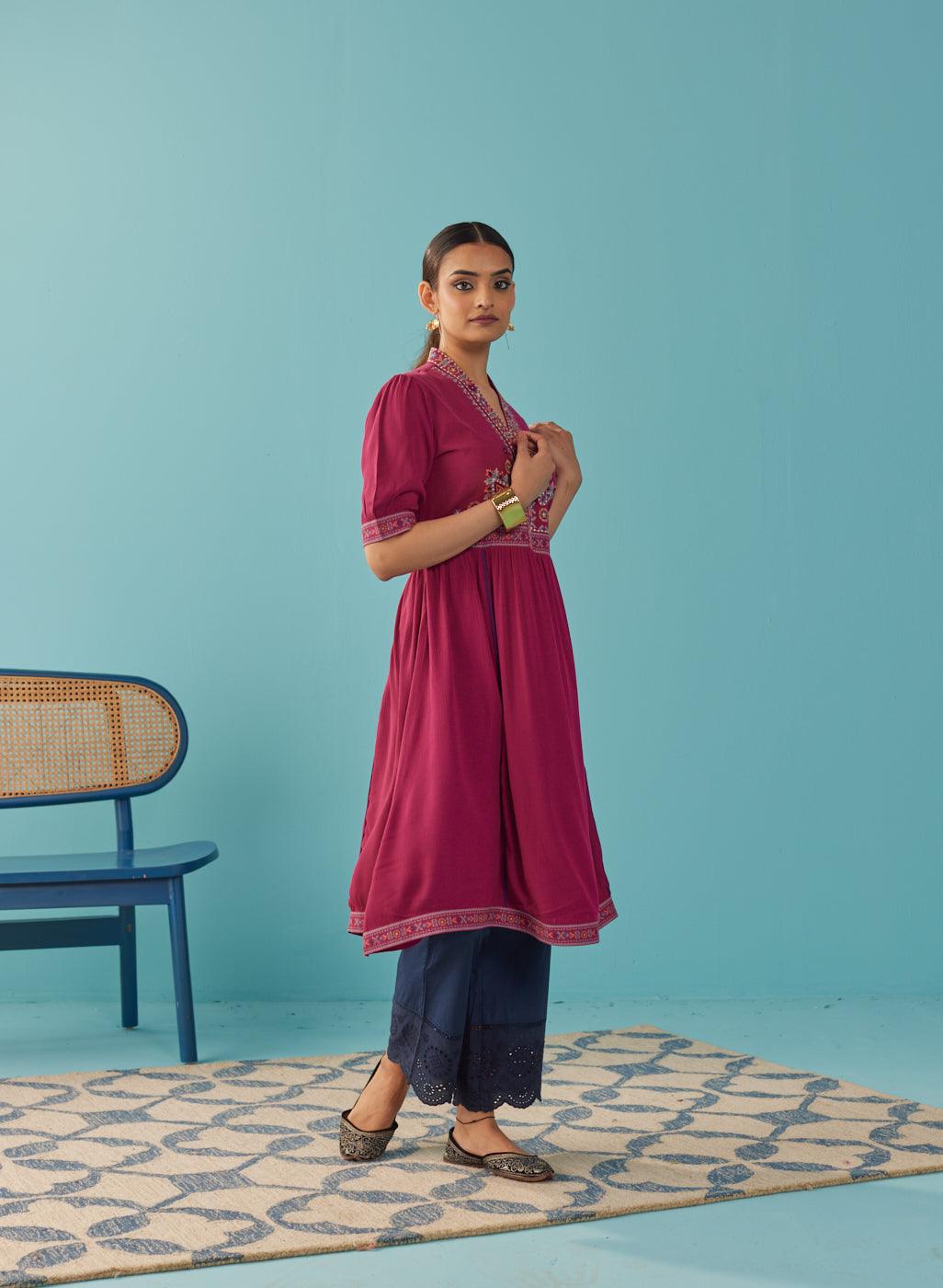 Fuchsia A Line Dress with Puffed Sleeve and Stylized Neck