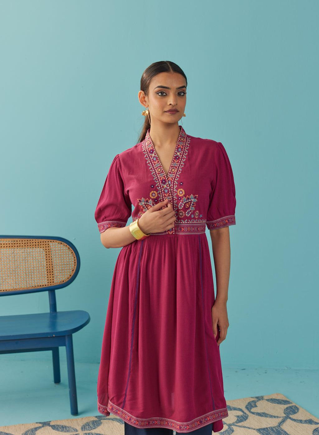 Fuchsia A Line Dress with Puffed Sleeve and Stylized Neck