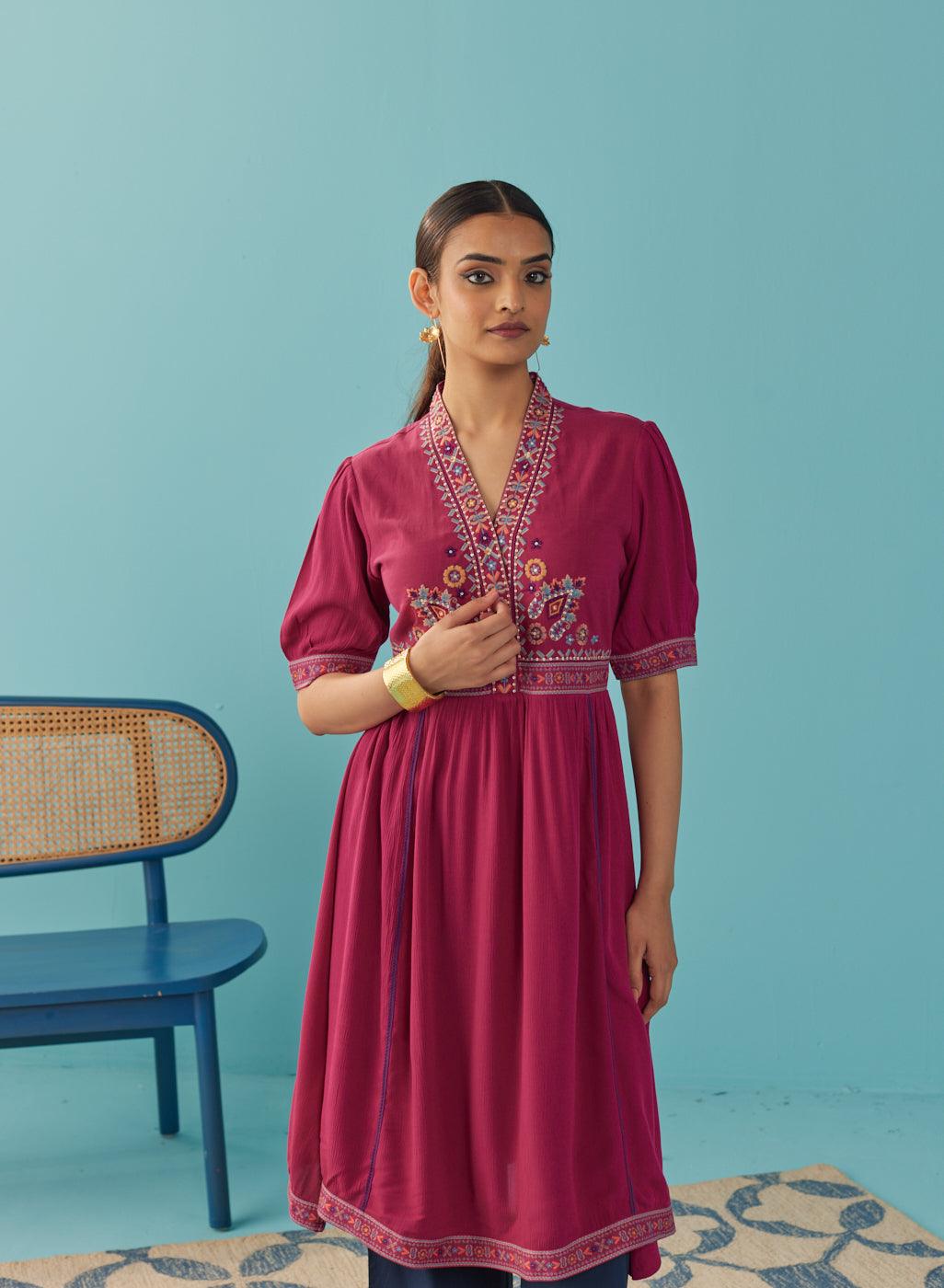 Fuchsia A Line Dress with Puffed Sleeve and Stylized Neck