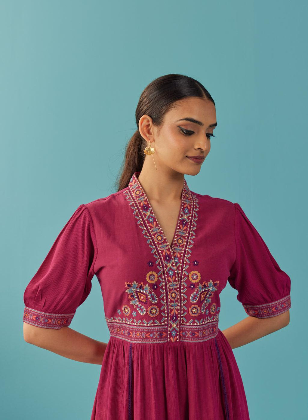 Fuchsia A Line Dress with Puffed Sleeve and Stylized Neck