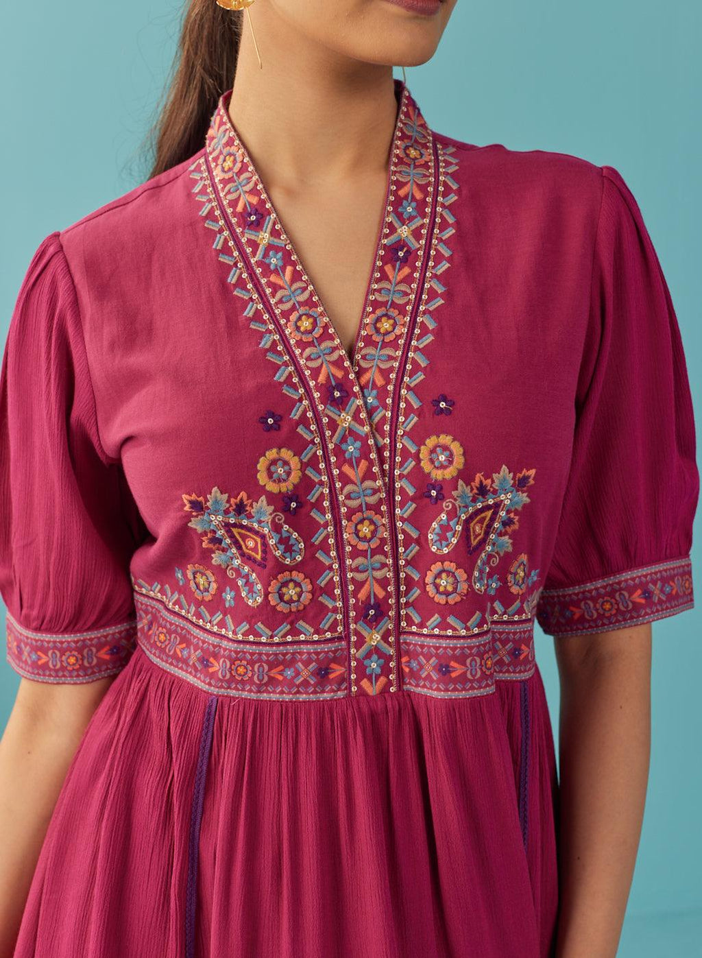 Fuchsia A Line Dress with Puffed Sleeve and Stylized Neck