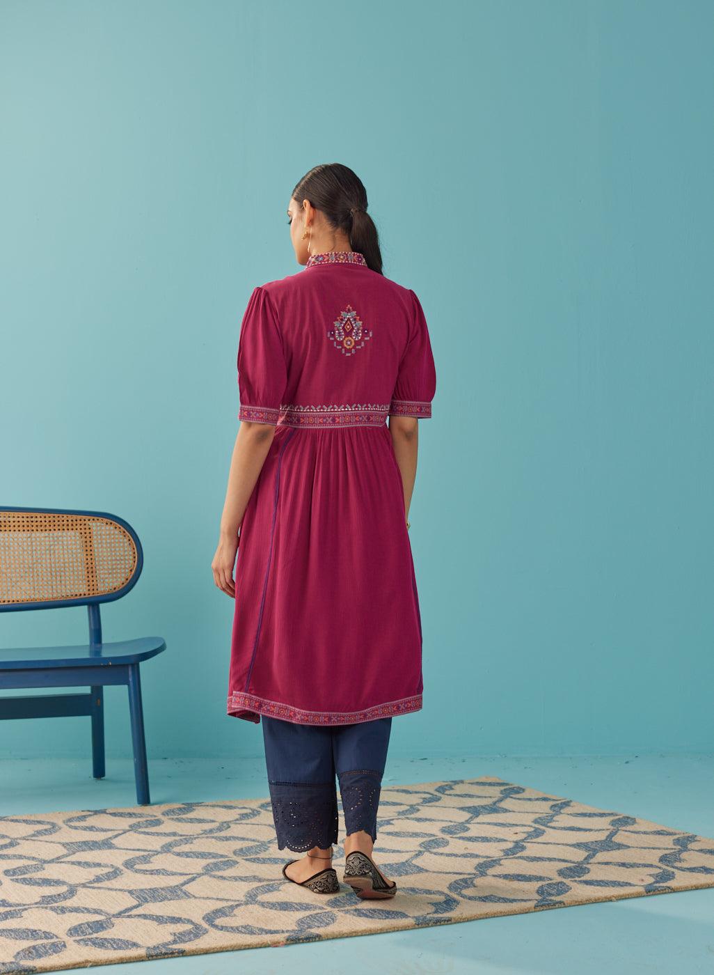 Fuchsia A Line Dress with Puffed Sleeve and Stylized Neck