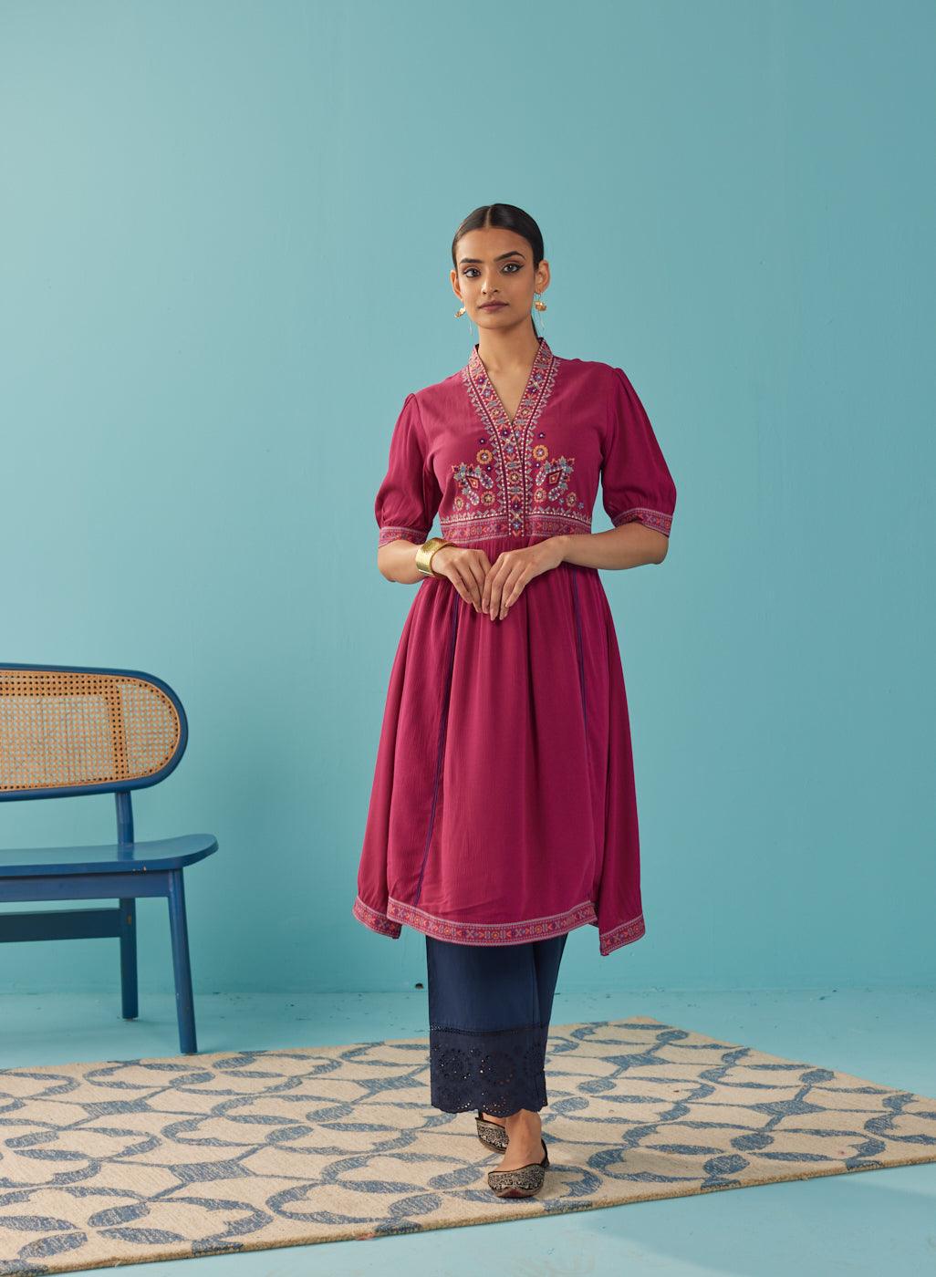 Fuchsia A Line Dress with Puffed Sleeve and Stylized Neck