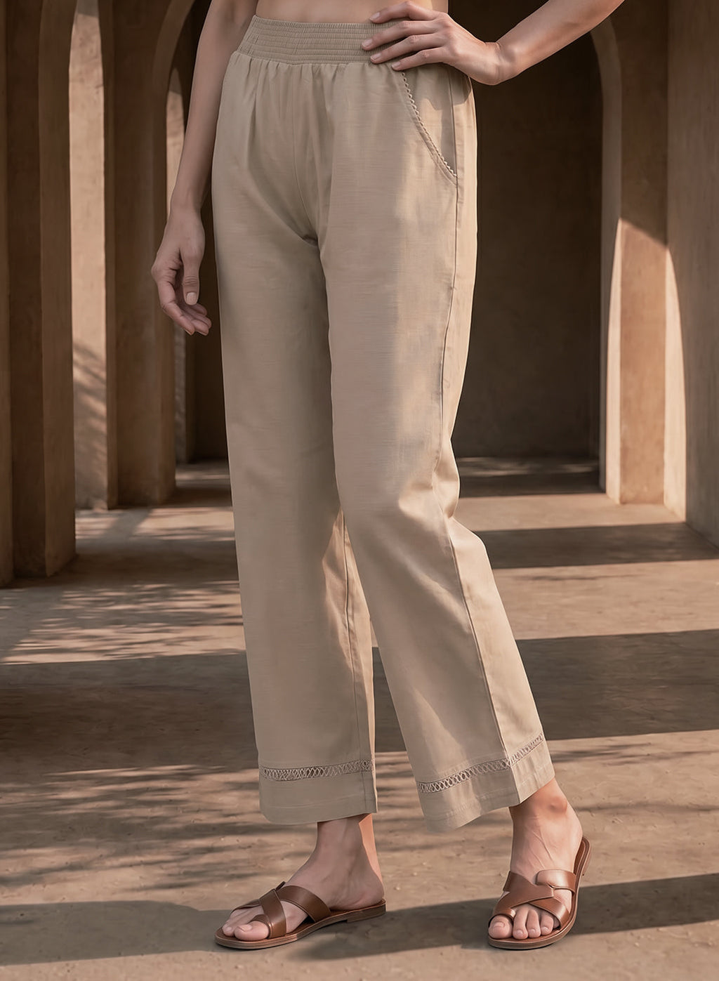 Beige Linen Blend Daily Wear Palazzos