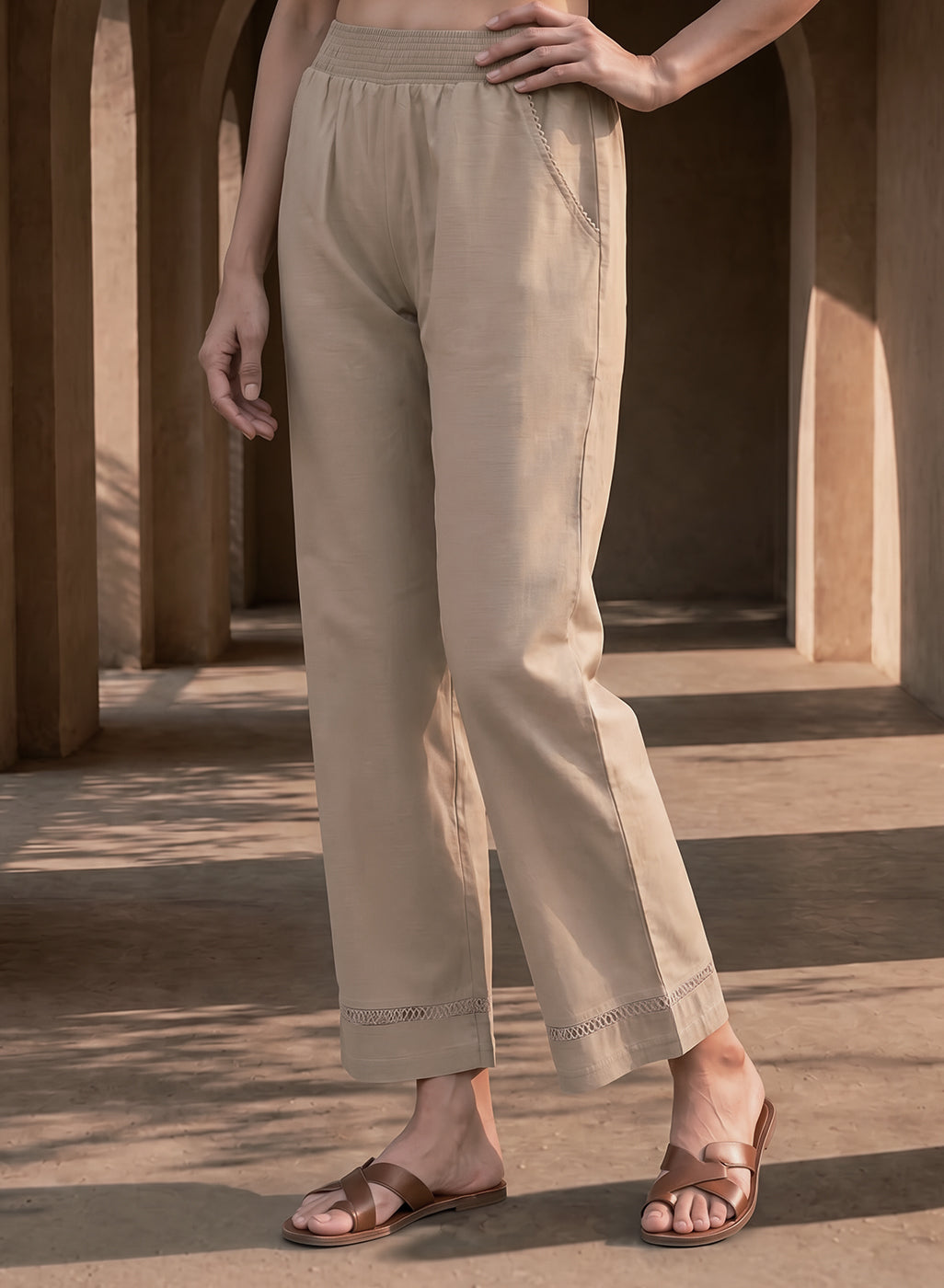 Beige Linen Blend Daily Wear Palazzos