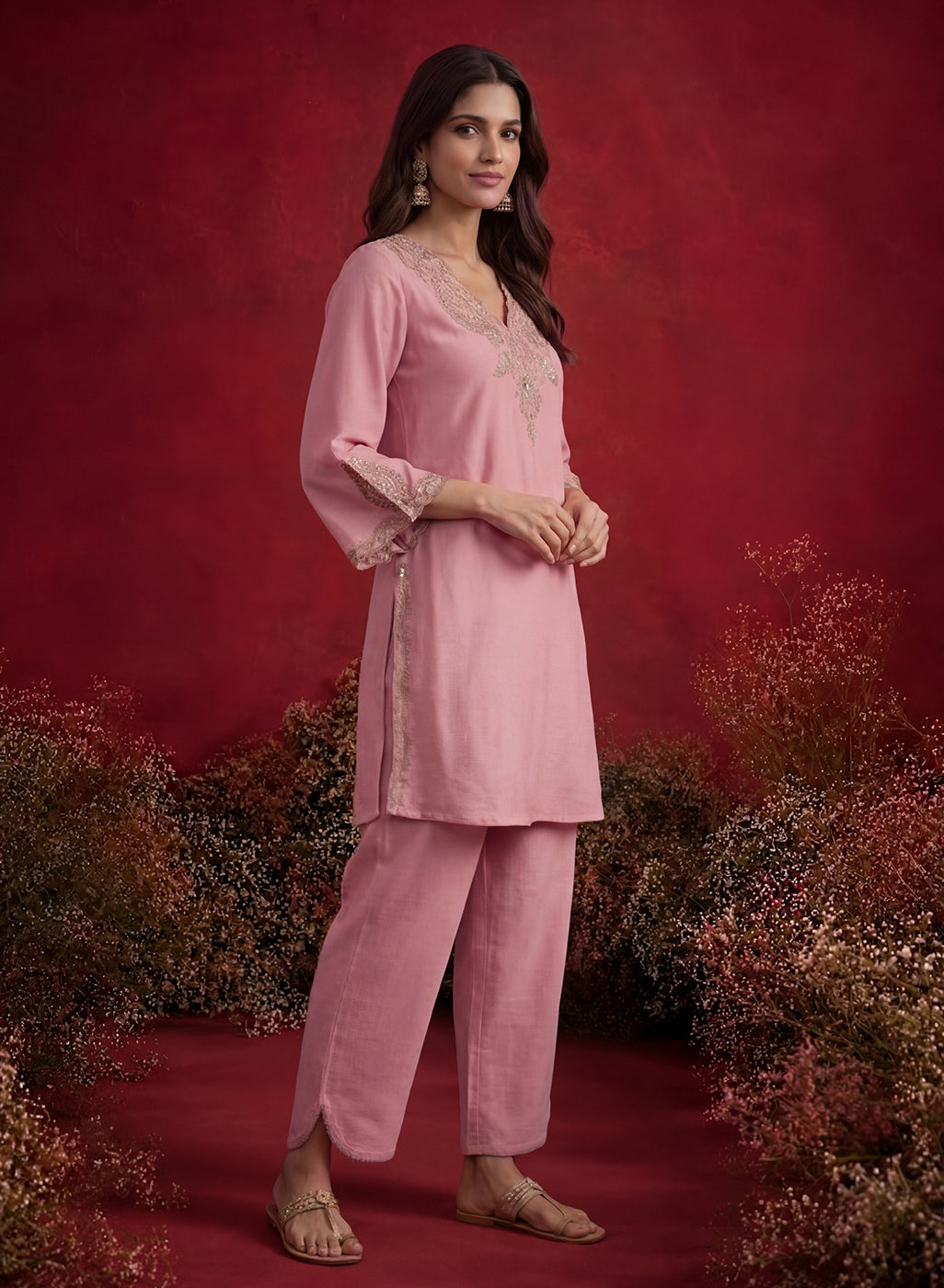 Pink Embroidered Cotton Blend Regular Kurta Set