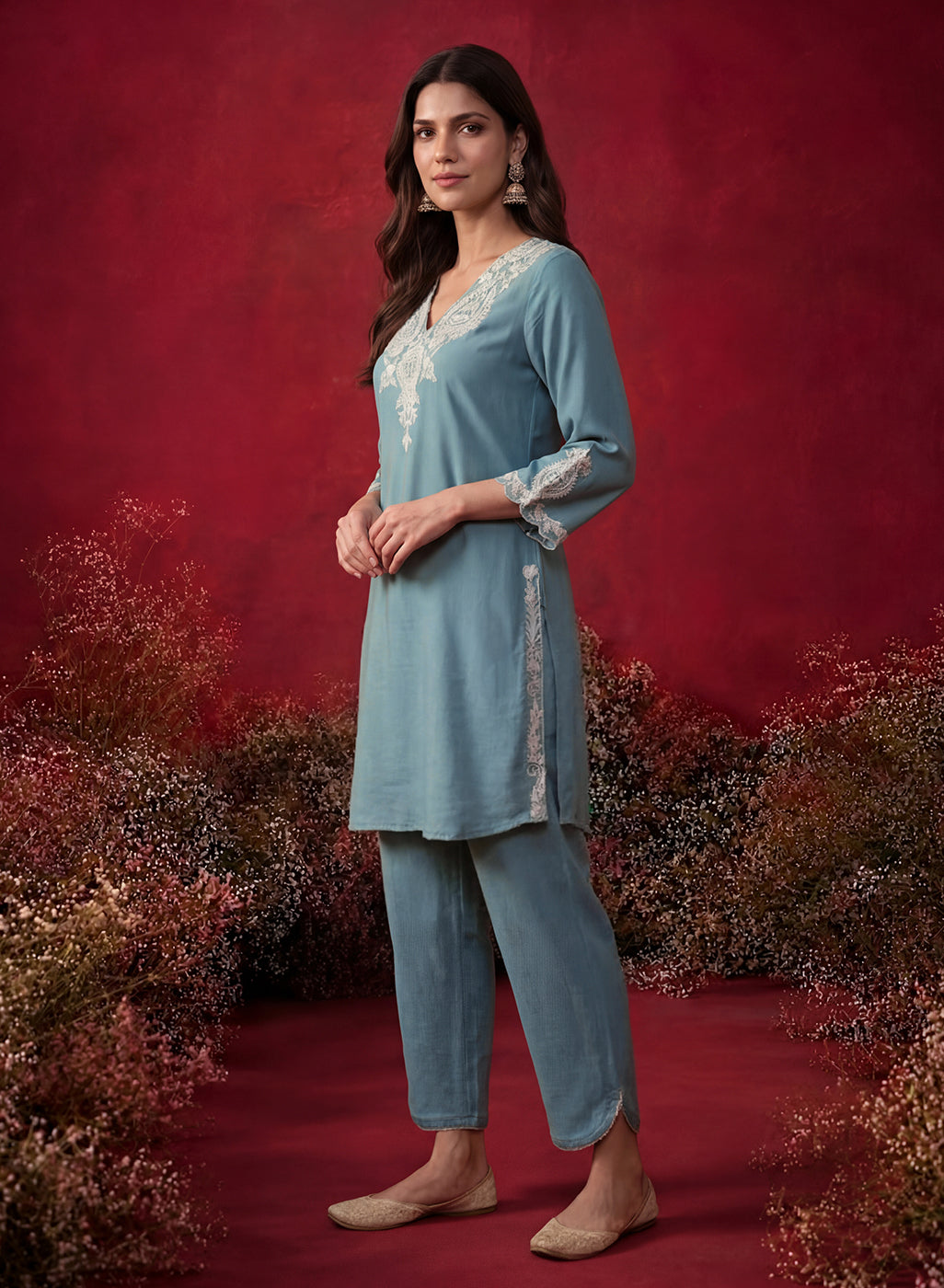 Teal Embroidered Cotton Blend Regular Kurta Set