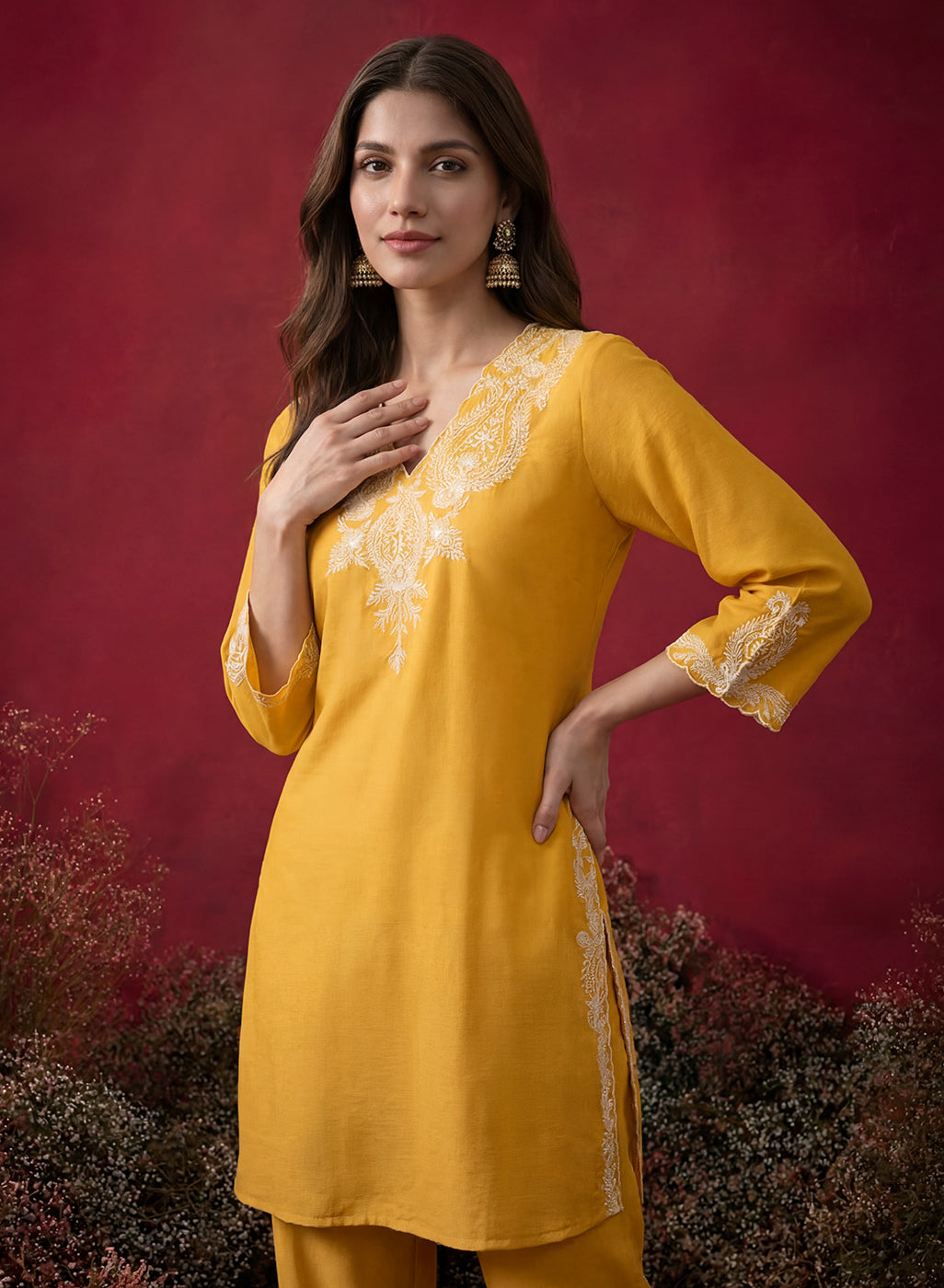 Mustard Embroidered Cotton Blend Regular Kurta Set