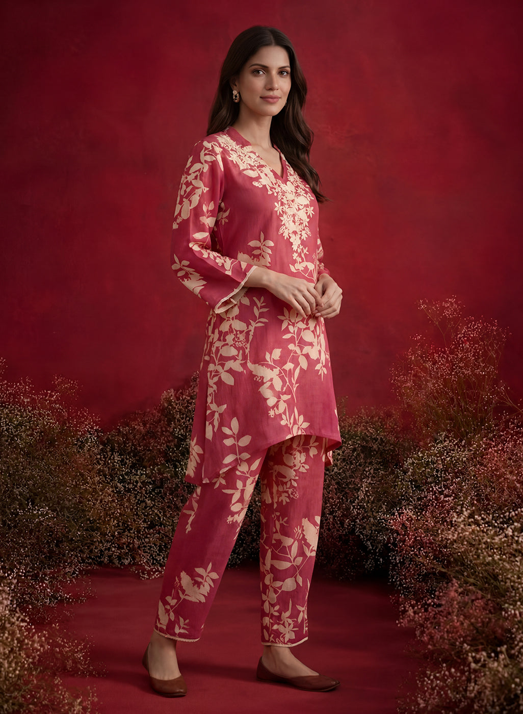 Fuchsia Printed Cotton Blend Relaxed Co-ord Set
