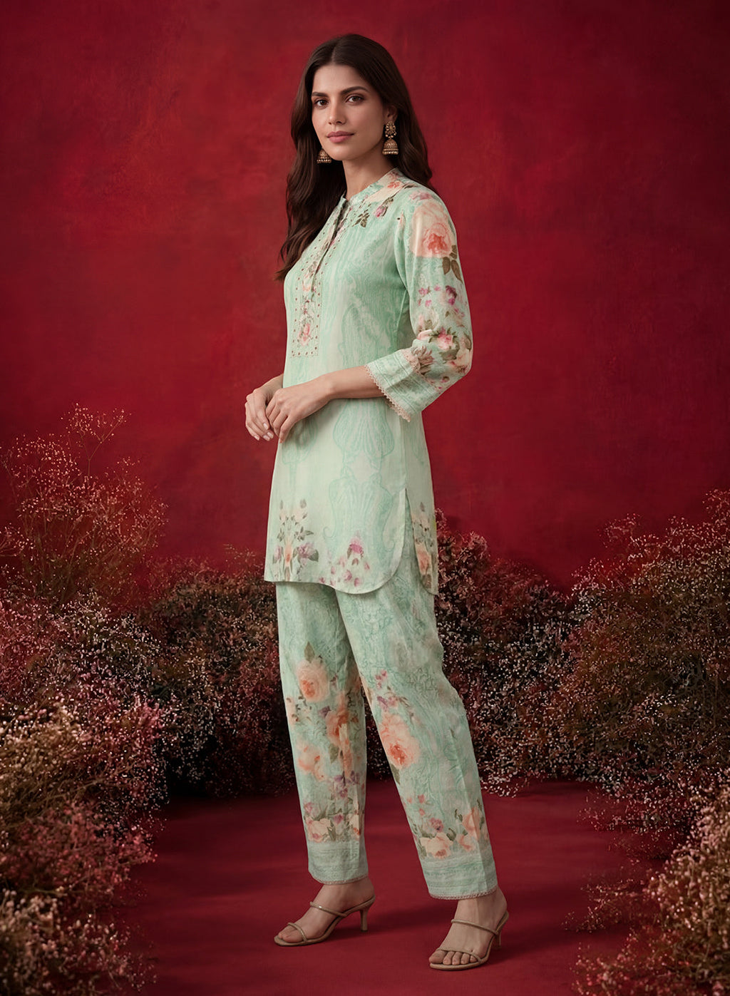 Mint  Green Printed Shantoon Regular Co-ord Set