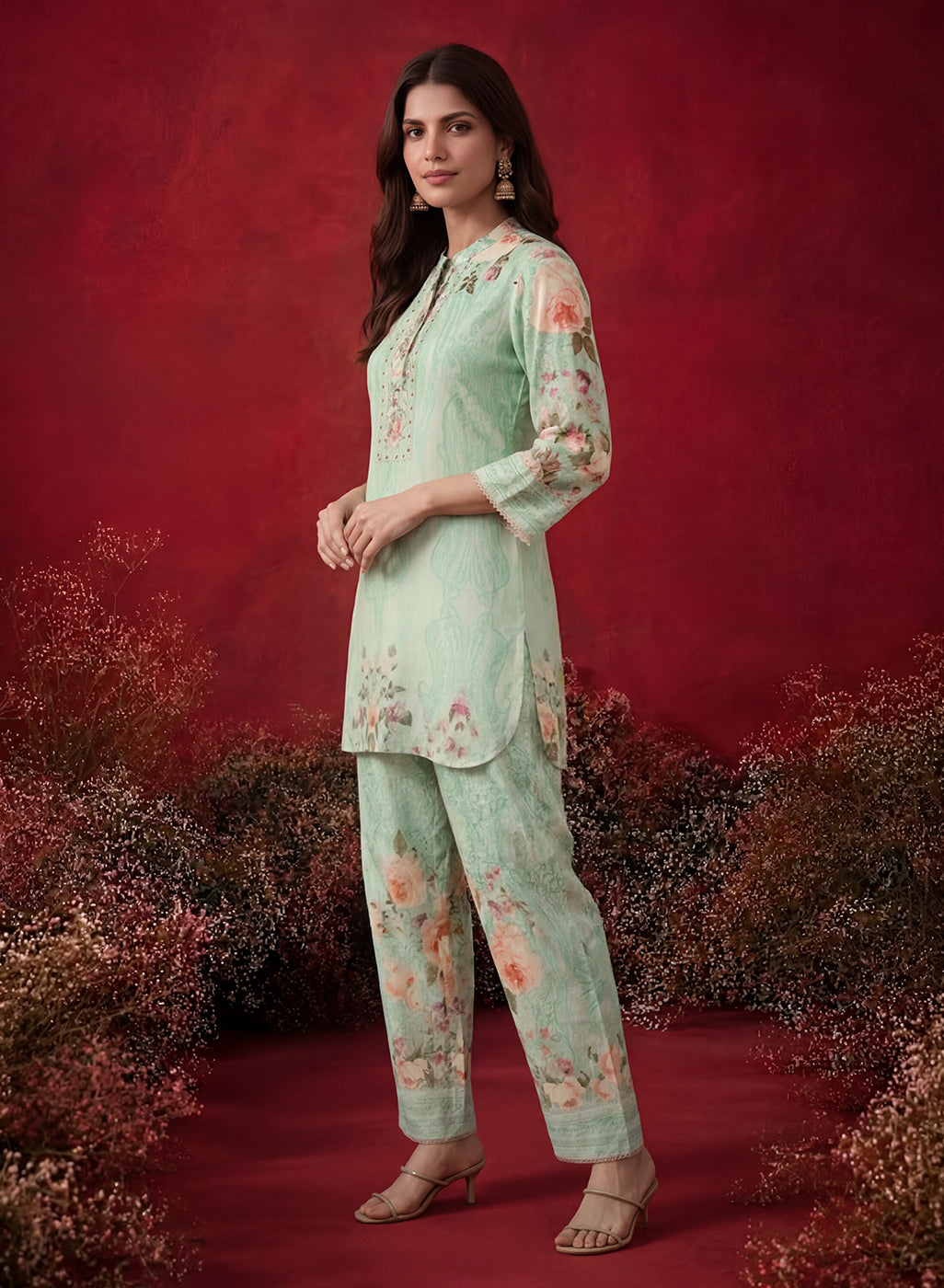 Mint  Green Printed Shantoon Regular Co-ord Set