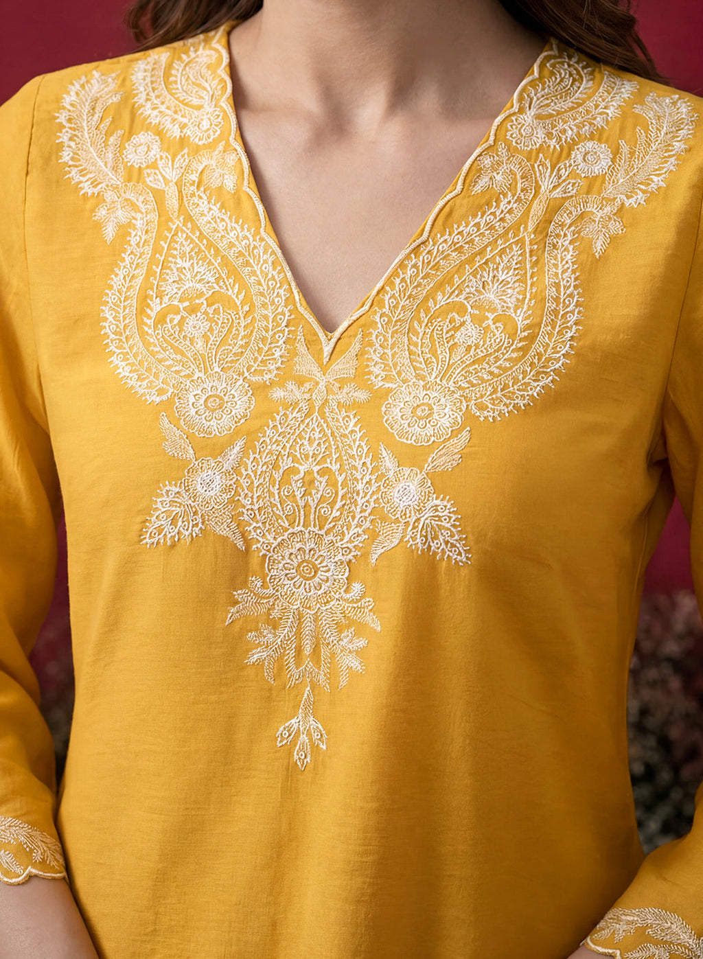 Mustard Embroidered Cotton Blend Regular Kurta Set
