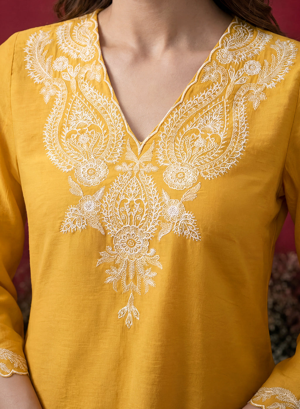 Mustard Embroidered Cotton Blend Regular Kurta Set