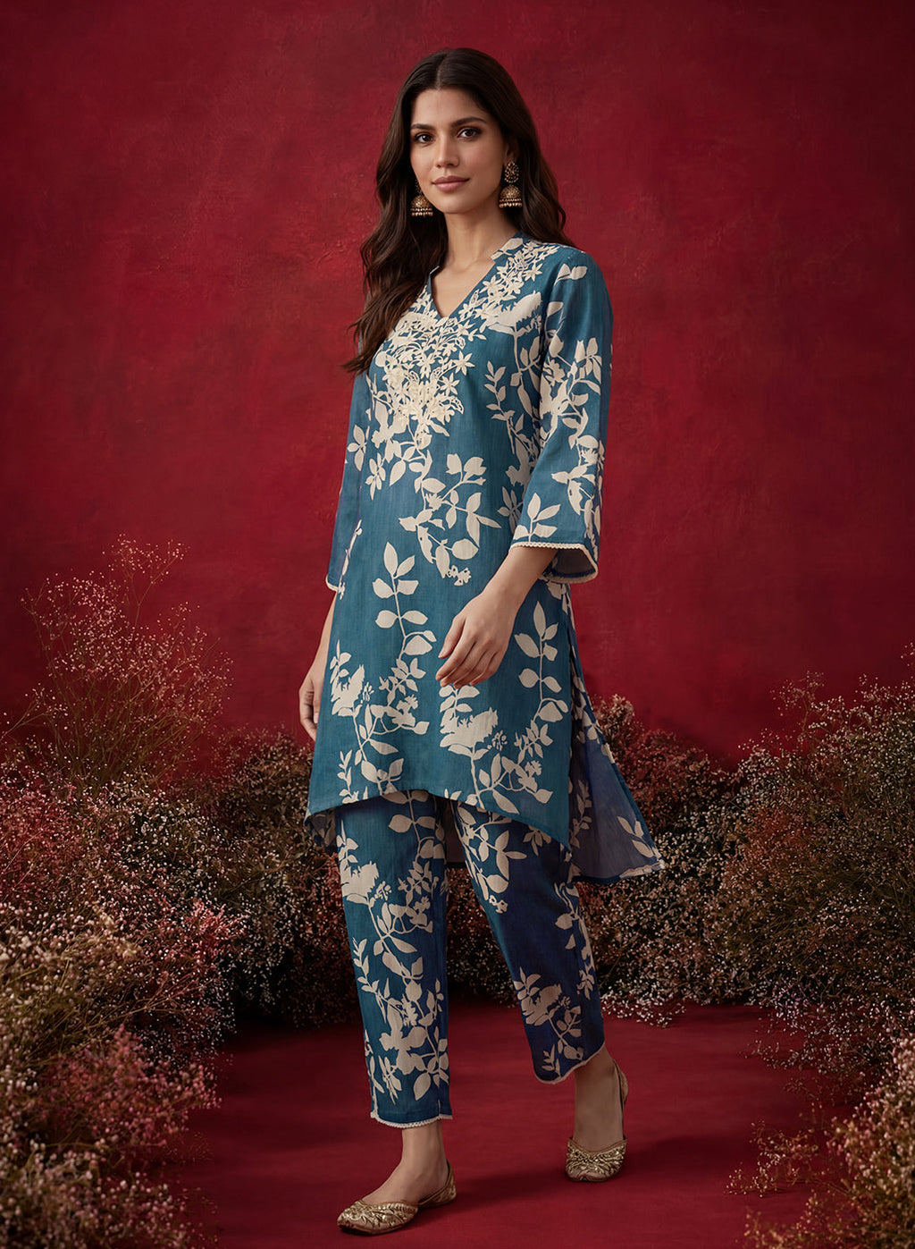 Blue Printed Cotton Blend Relaxed Co-ord Set