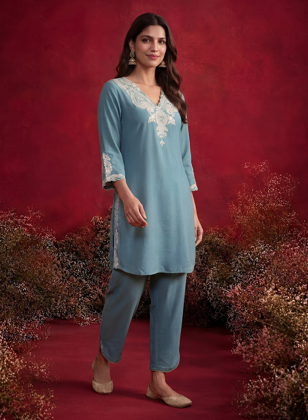 Teal Embroidered Cotton Blend Regular Kurta Set