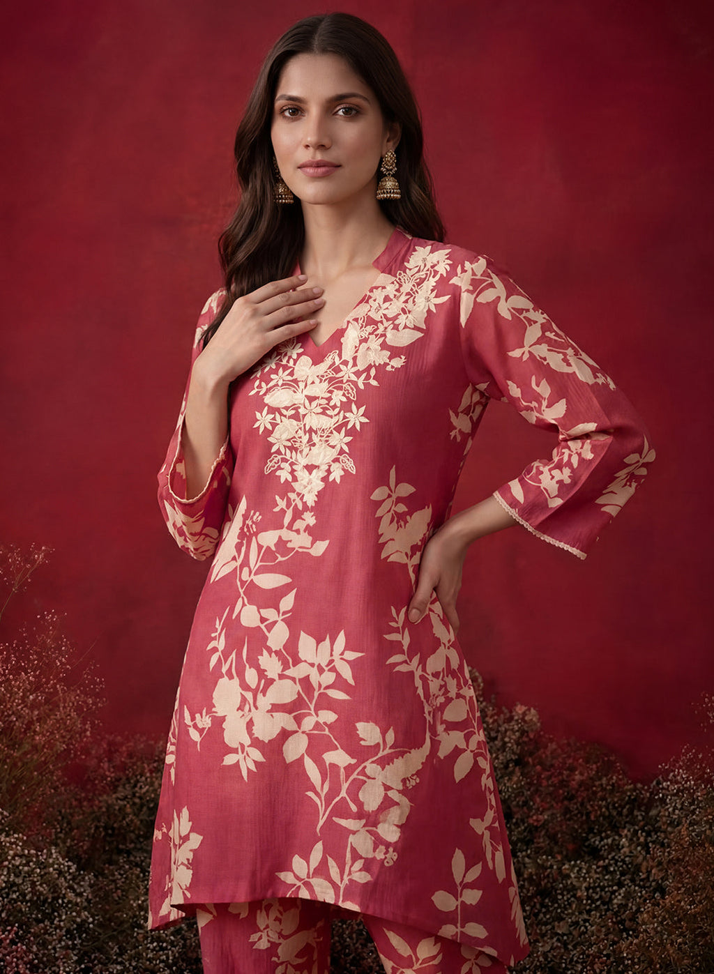 Fuchsia Printed Cotton Blend Relaxed Co-ord Set