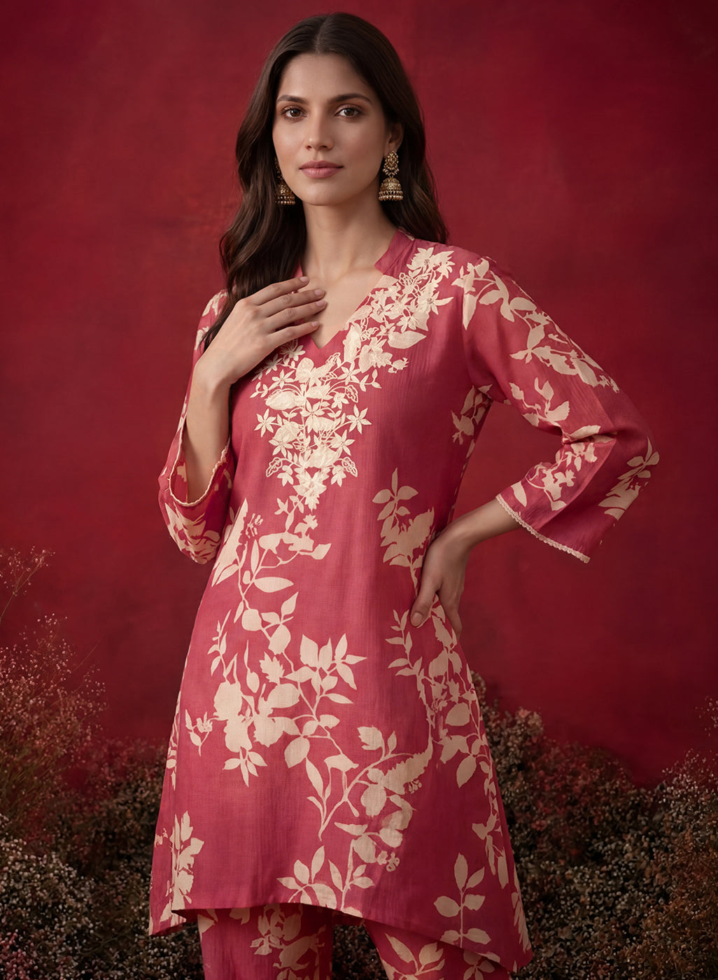 Fuchsia Printed Cotton Blend Relaxed Co-ord Set