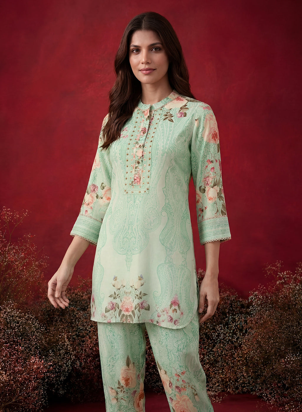 Mint  Green Printed Shantoon Regular Co-ord Set