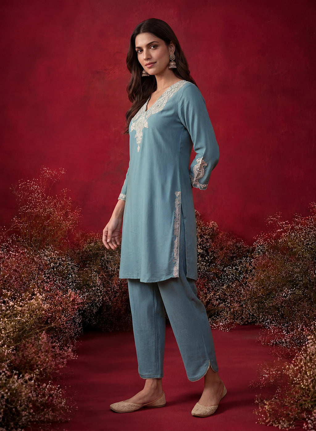 Teal Embroidered Cotton Blend Regular Kurta Set