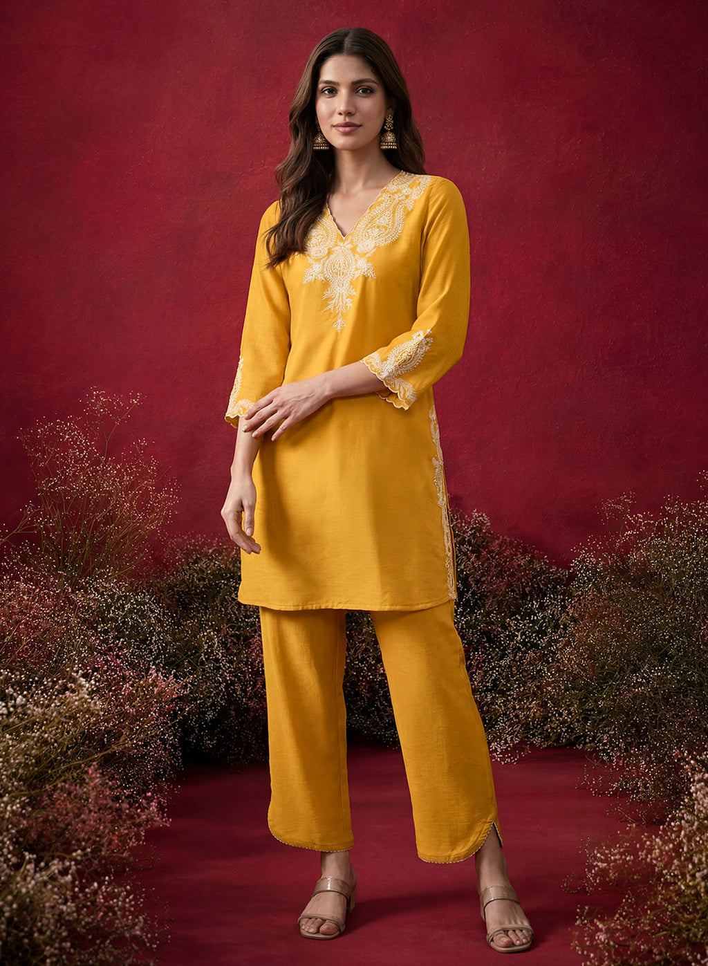 Mustard Embroidered Cotton Blend Regular Kurta Set