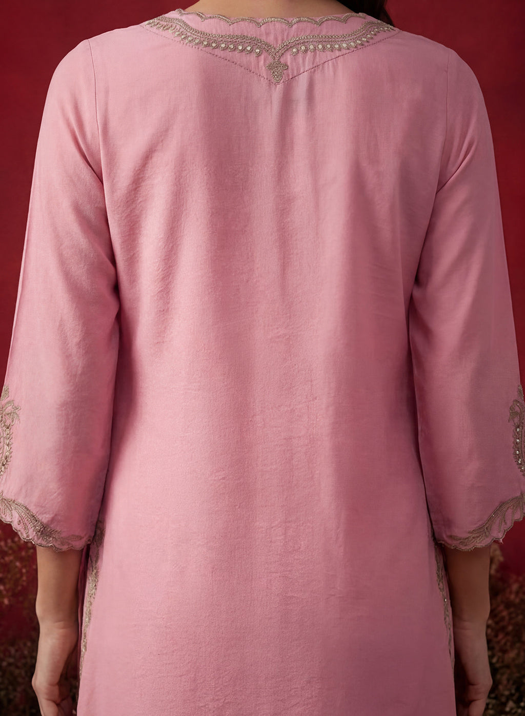 Pink Embroidered Cotton Blend Regular Kurta Set