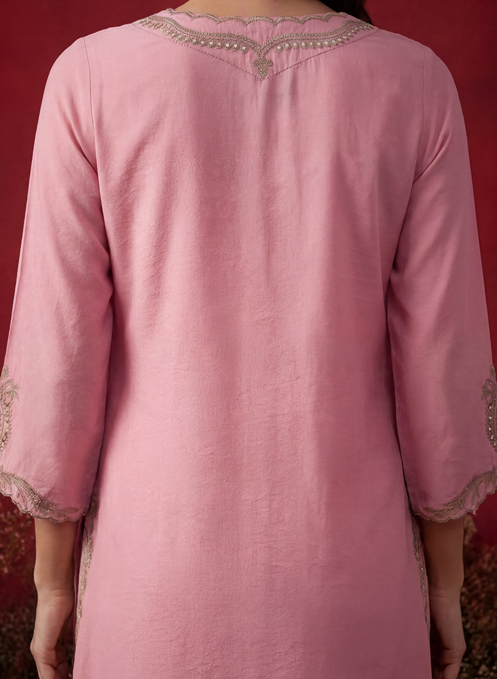 Pink Embroidered Cotton Blend Regular Kurta Set