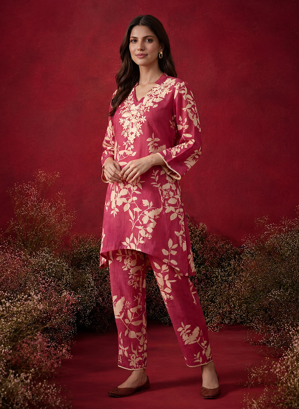 Fuchsia Printed Cotton Blend Relaxed Co-ord Set