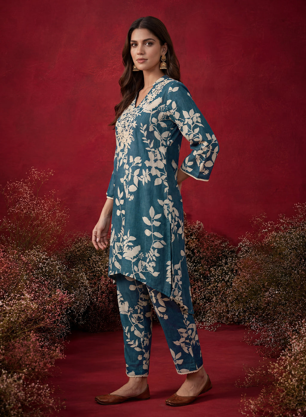 Blue Printed Cotton Blend Relaxed Co-ord Set
