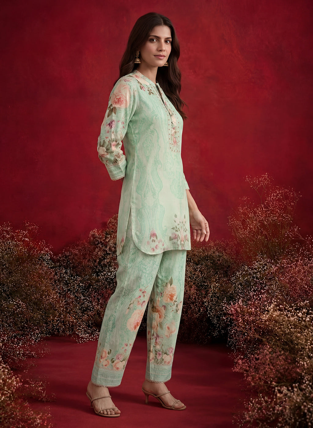 Mint  Green Printed Shantoon Regular Co-ord Set