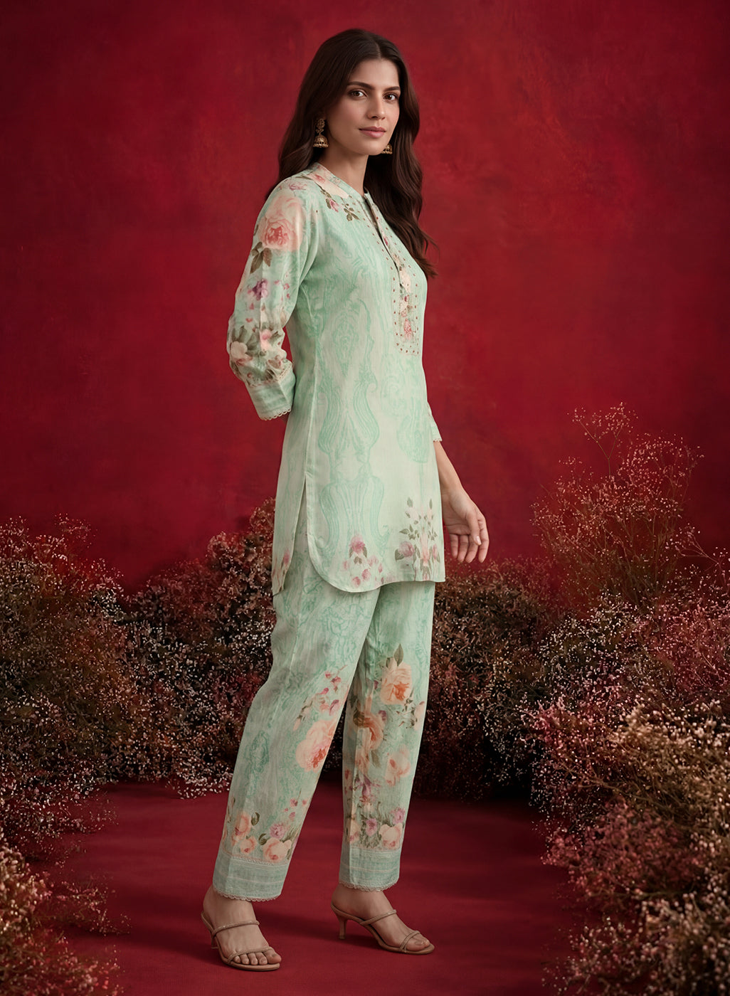 Mint  Green Printed Shantoon Regular Co-ord Set