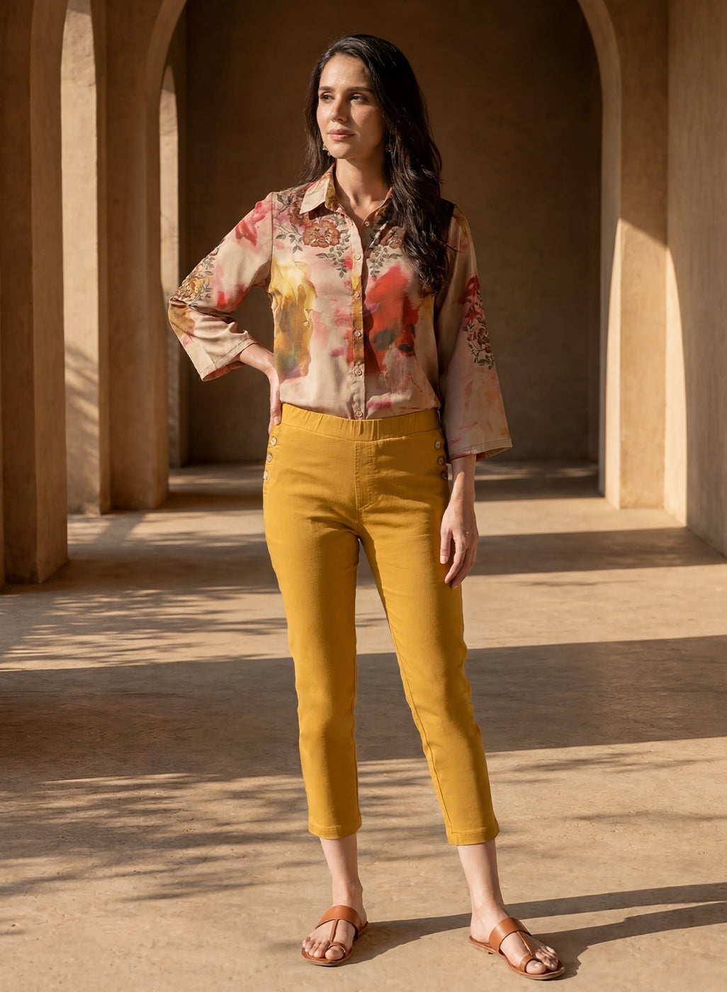 Mustard Cotton Blend Tapered Fit Capri