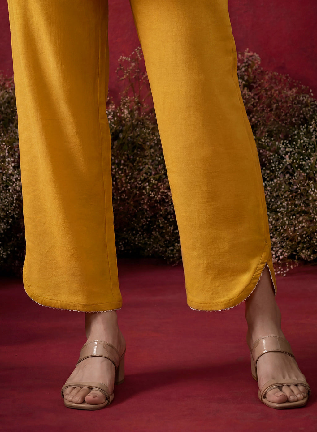 Mustard Embroidered Cotton Blend Regular Kurta Set