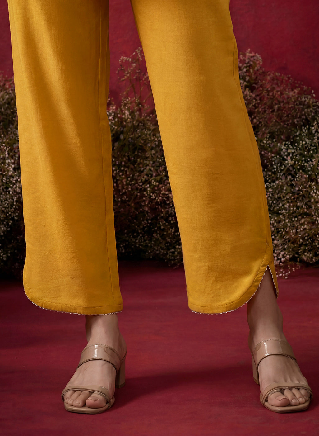 Mustard Embroidered Cotton Blend Regular Kurta Set